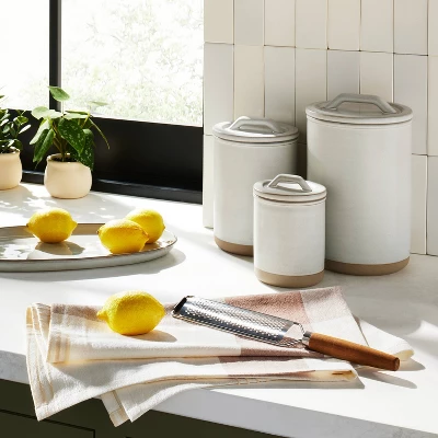 3pc Modern Rim Stoneware Canister Set Cream/Clay - Hearth & Hand™ With Magnolia 3 3pc Modern Rim Stoneware Canister Set Cream/Clay - Hearth & Hand™ With Magnolia