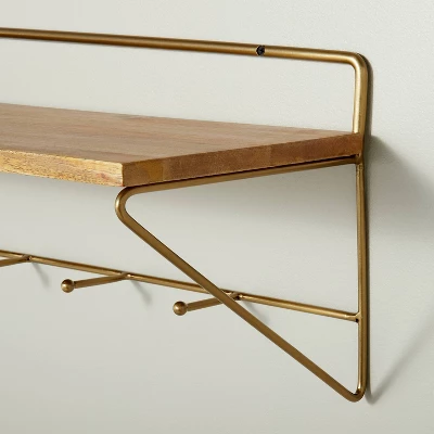 24" Wood & Brass Wall Shelf With Hooks - Hearth & Hand™ With Magnolia 3 24" Wood & Brass Wall Shelf With Hooks - Hearth & Hand™ With Magnolia - Image 2